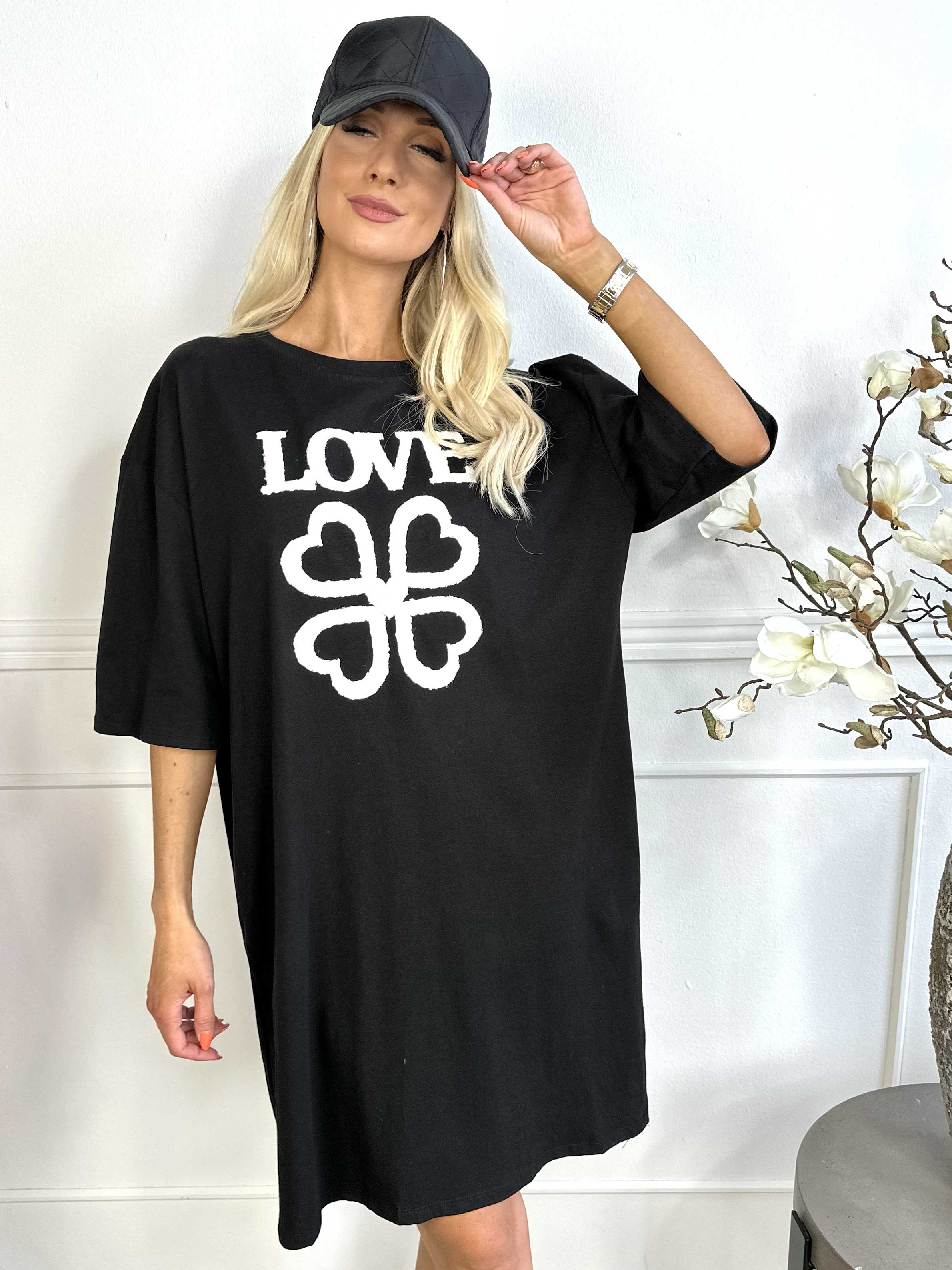 Love - T-shirtklänning i bomull med skrift och hjärtan på framsidan